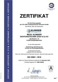 ISO 45001 Zertifikat von KLINGER
