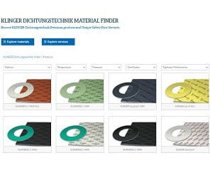Benutzeroberfläche des KLINGER Materialfinders